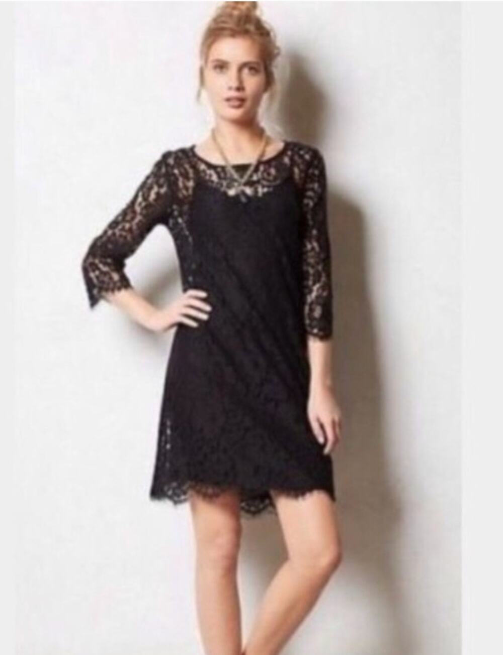 Anthropologie HD in Paris Black Lace Shift Dress S 3/4 Sleeve Fall Wedding